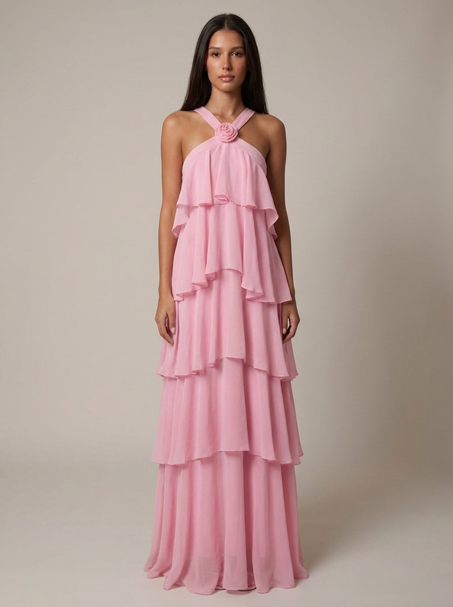 pink ruffle maxi dress Puglia pink tiered floral ruffle maxi dress – azura rose main image 1