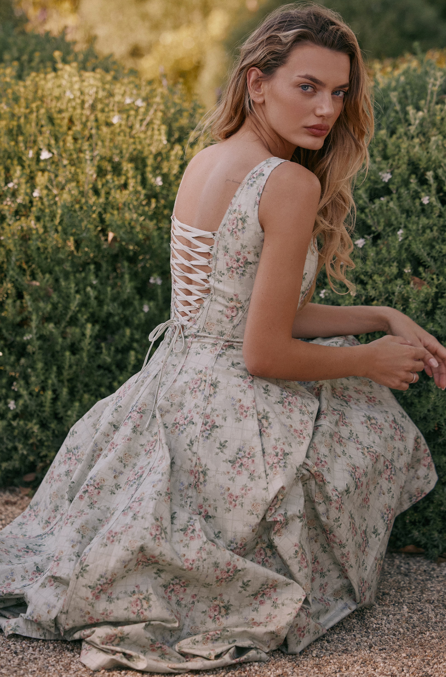 regal romance sage floral jacquard pleated satin midi dress Andrea