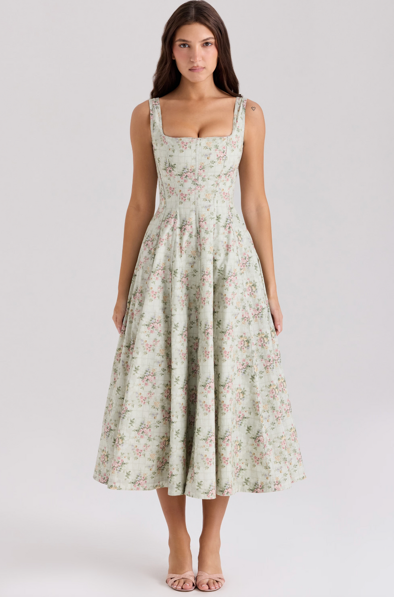 regal romance sage floral jacquard pleated satin midi dress Andrea